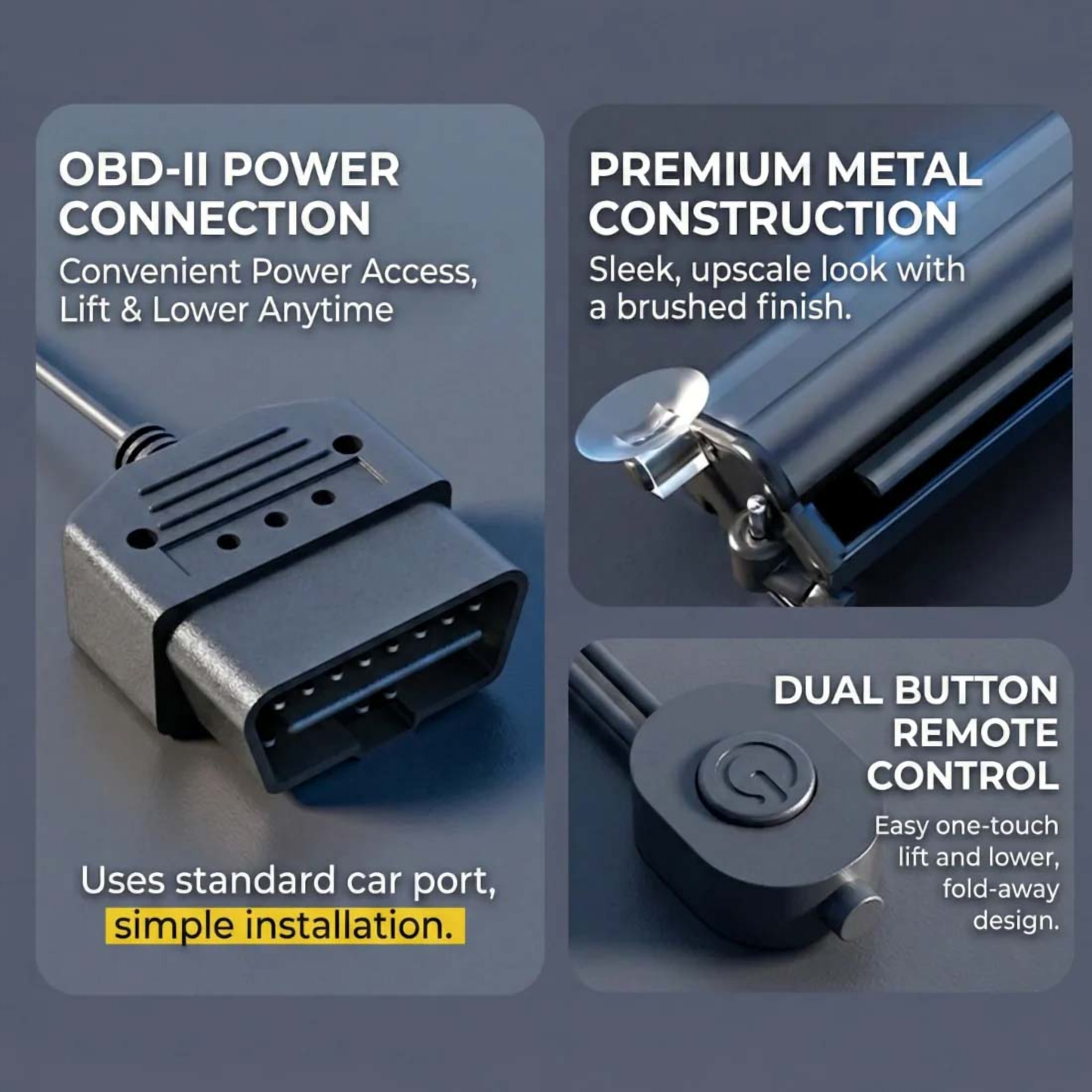 OBD-II connector, aluminum rail and dual-button remote from a Kia EV6 electric sunshade kit
