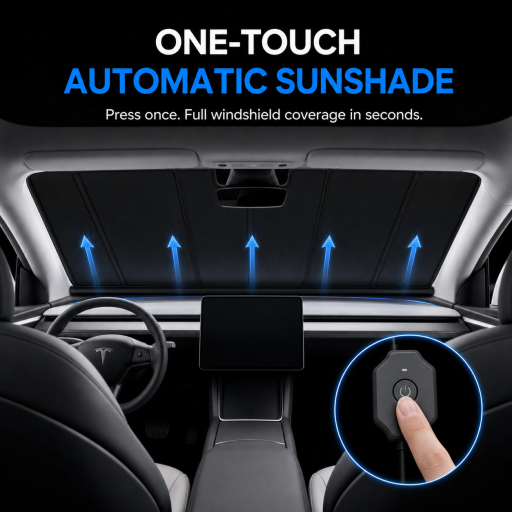 Codex 图像 2026年8月6日 13_58_08 Kaldov one-touch automatic windshield sunshade fully raised inside a Tesla Model Y 2025 with remote button control.