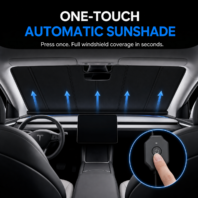 Kaldov one-touch automatic windshield sunshade fully raised inside a Tesla Model Y 2025 with remote button control.