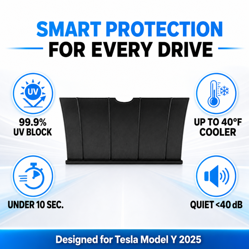 kaldov-tesla-model-y-2025-electric-sunshade-uv-heat-protection.png Kaldov Tesla Model Y 2025 electric windshield sunshade infographic showing UV protection, cabin cooling, quiet operation and fast deployment.