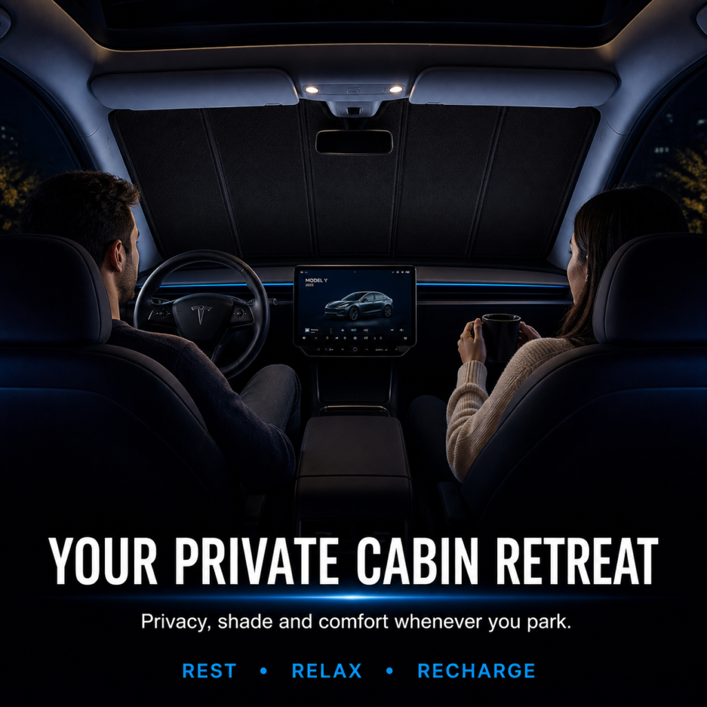 kaldov-tesla-model-y-2025-electric-sunshade-private-cabin-comfort.png Tesla Model Y 2025 cabin with Kaldov electric windshield sunshade providing privacy and shade while parked at night.