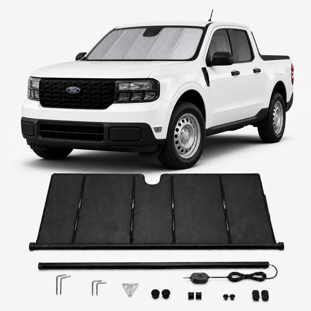 ford-maverick-hybrid-upgraded-electric-sunshade-kaldov.png KALDOV™ upgraded electric windshield sunshade with installation accessories for Ford Maverick Hybrid