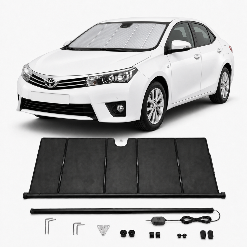toyota-corolla-upgraded-electric-sunshade-kaldov.png KALDOV™ upgraded electric windshield sunshade with installation accessories for Toyota Corolla
