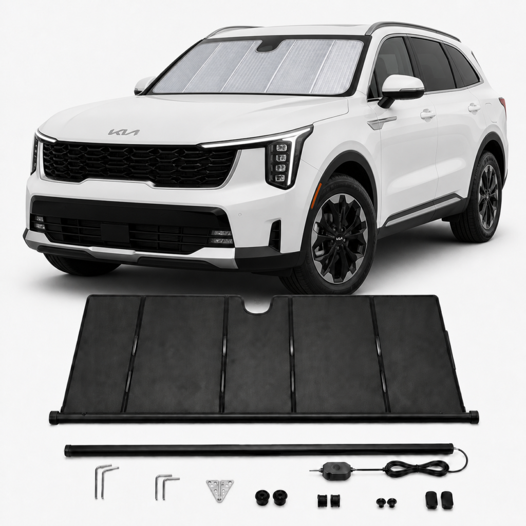 kia-sorento-upgraded-electric-sunshade-kaldov.png KALDOV™ upgraded electric windshield sunshade with installation accessories for Kia Sorento