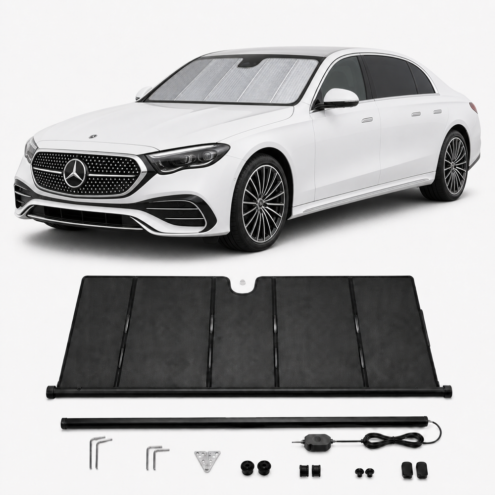kaldov-white-mercedes-benz-e300l-automatic-electric-windshield-sunshade-kit KALDOV™ upgraded electric windshield sunshade kit for Mercedes-Benz E 300 L