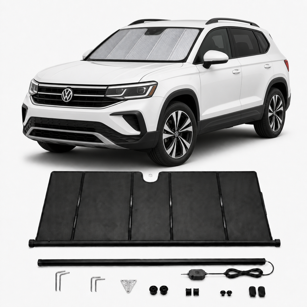 kaldov-white-volkswagen-taos-automatic-electric-windshield-sunshade-kit KALDOV™ upgraded electric windshield sunshade with installation accessories for Volkswagen Taos