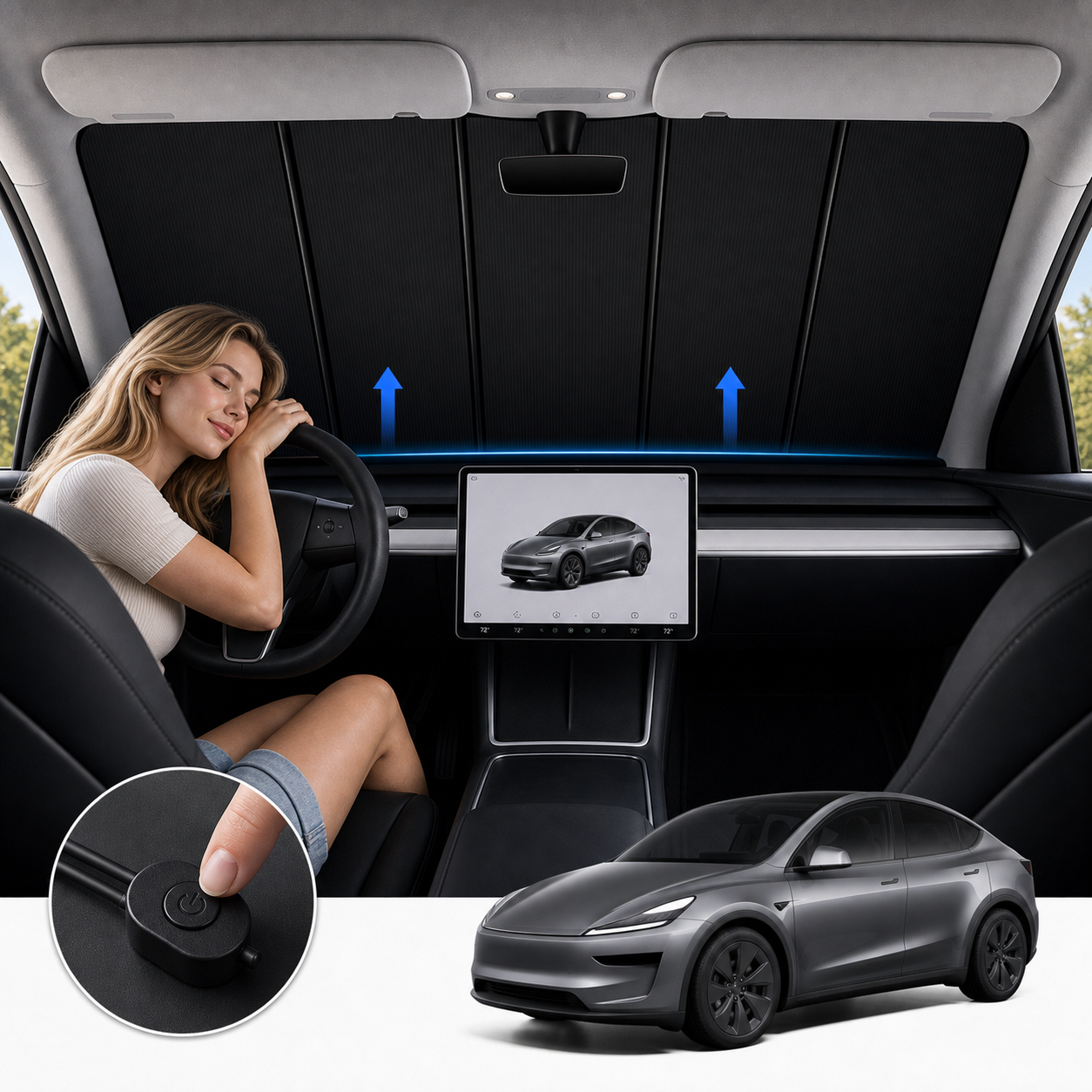 Kaldov automatic electric windshield sunshade installed inside a Tesla Model Y