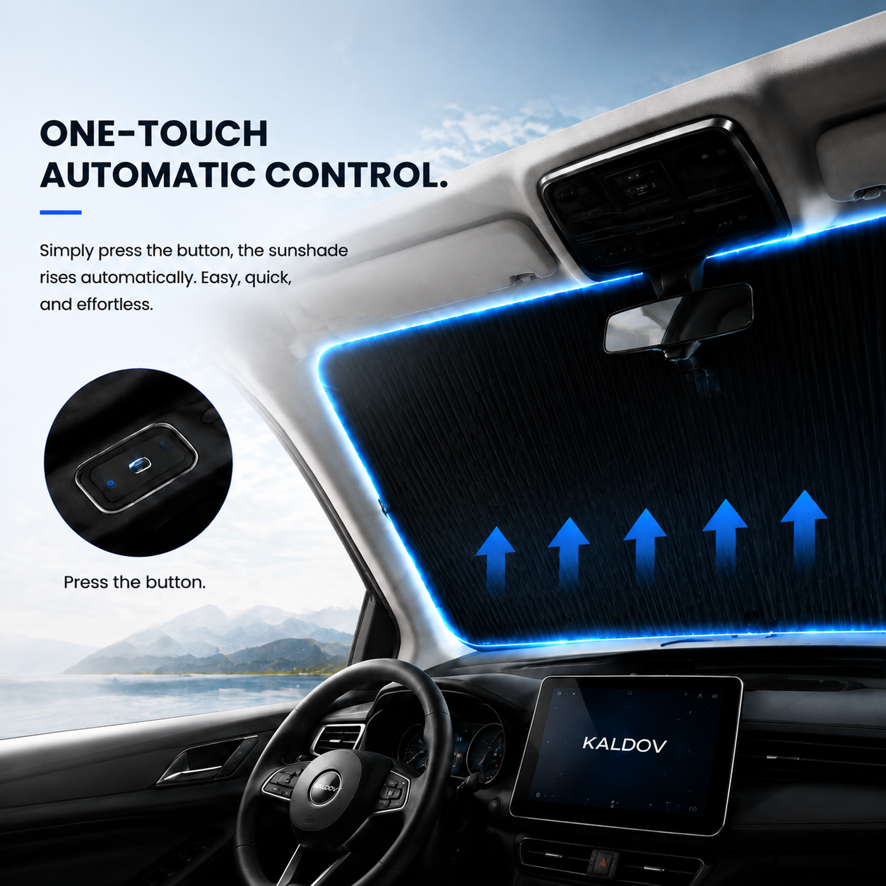 KALDOV™ one-touch automatic electric windshield sunshade deployment