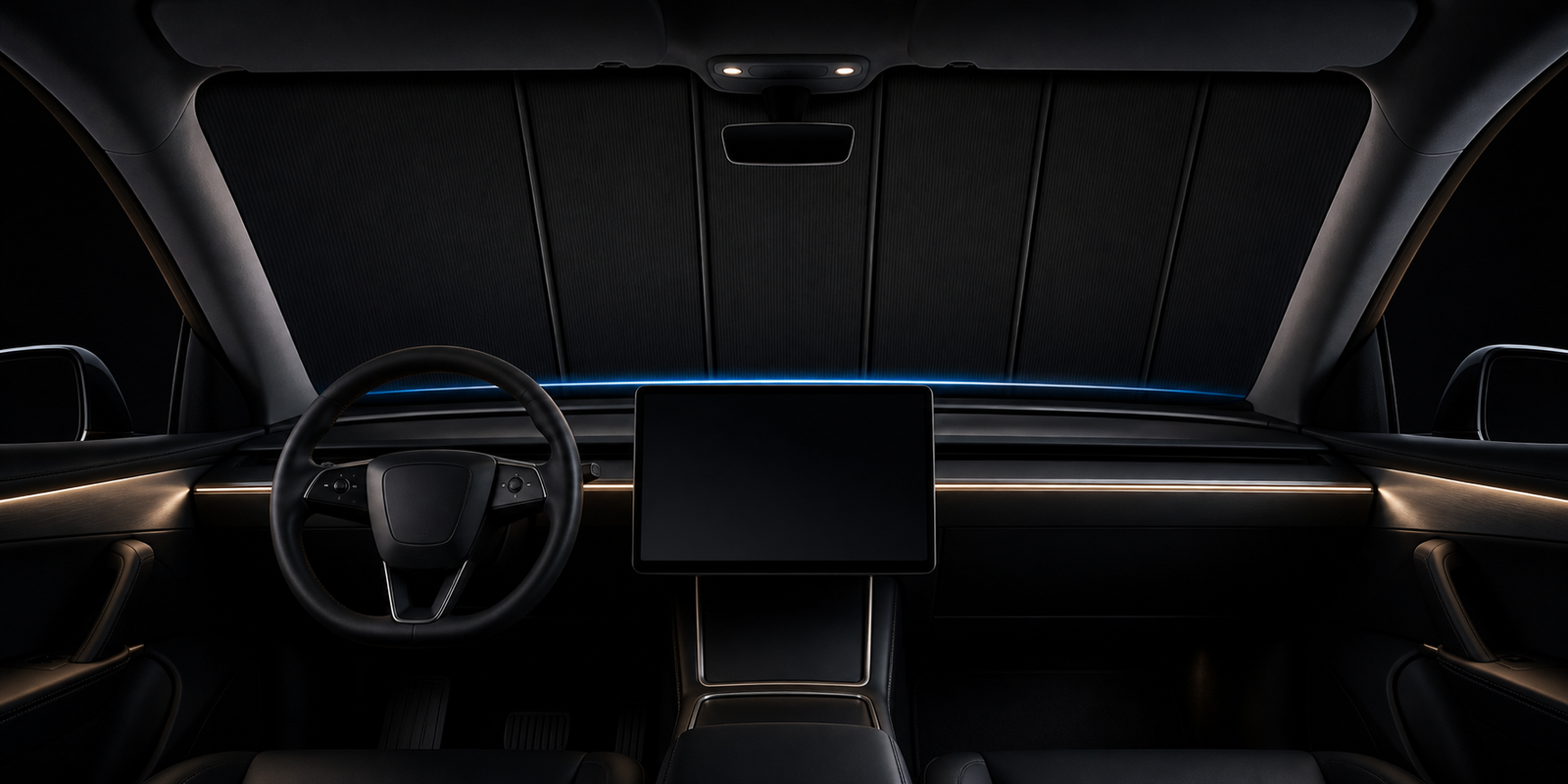 Kaldov electric windshield sunshade installed in a luxury car interior