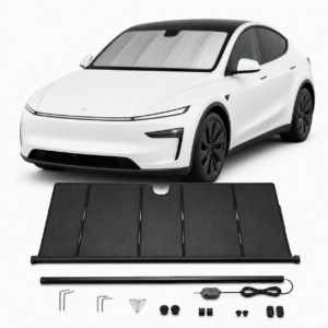 Kaldov automatic electric windshield sunshade kit for Tesla Model Y 2025, shown installed with the motorized rail and mounting accessories.