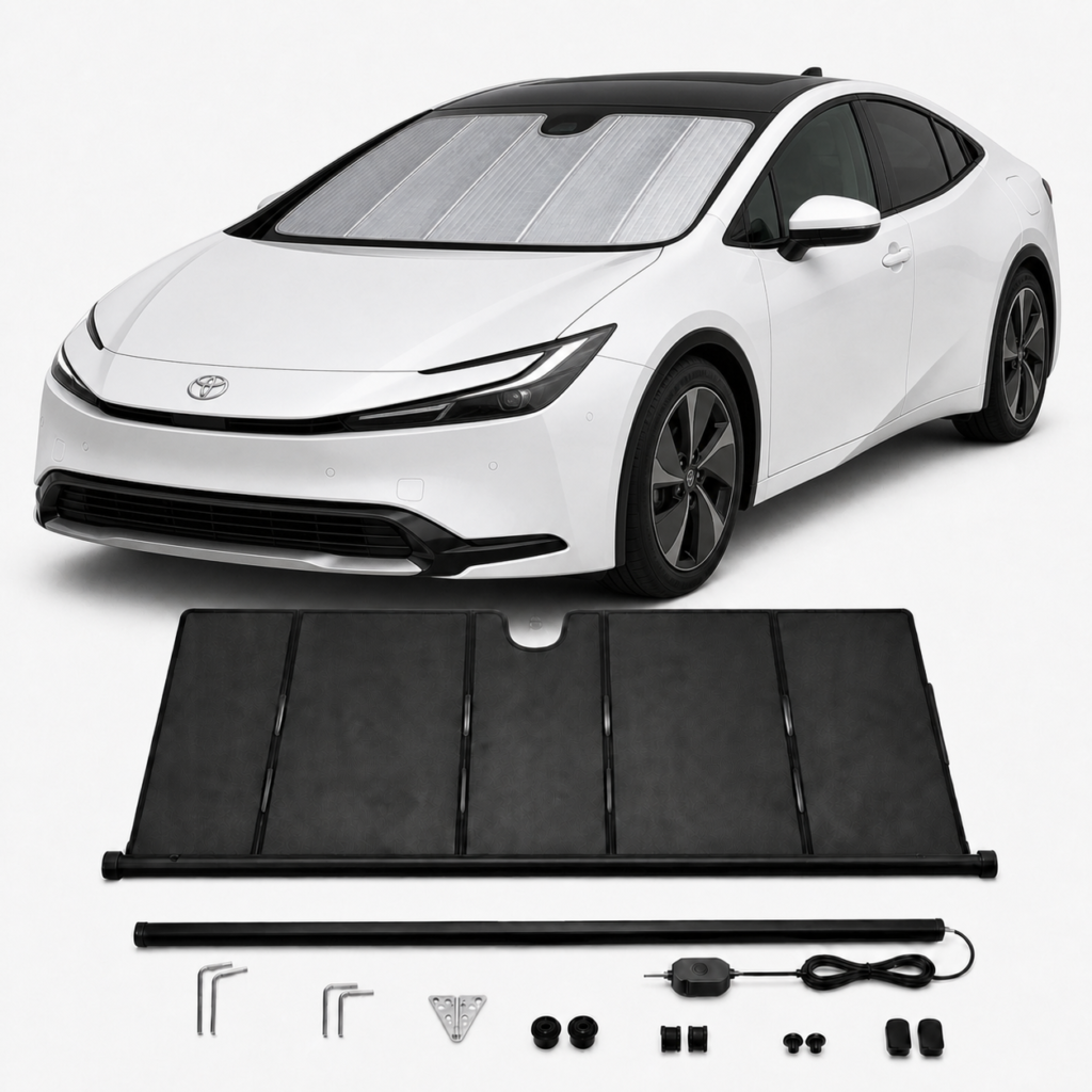 toyota-prius-upgraded-electric-sunshade-kaldov.png KALDOV™ upgraded electric windshield sunshade with installation accessories for Toyota Prius