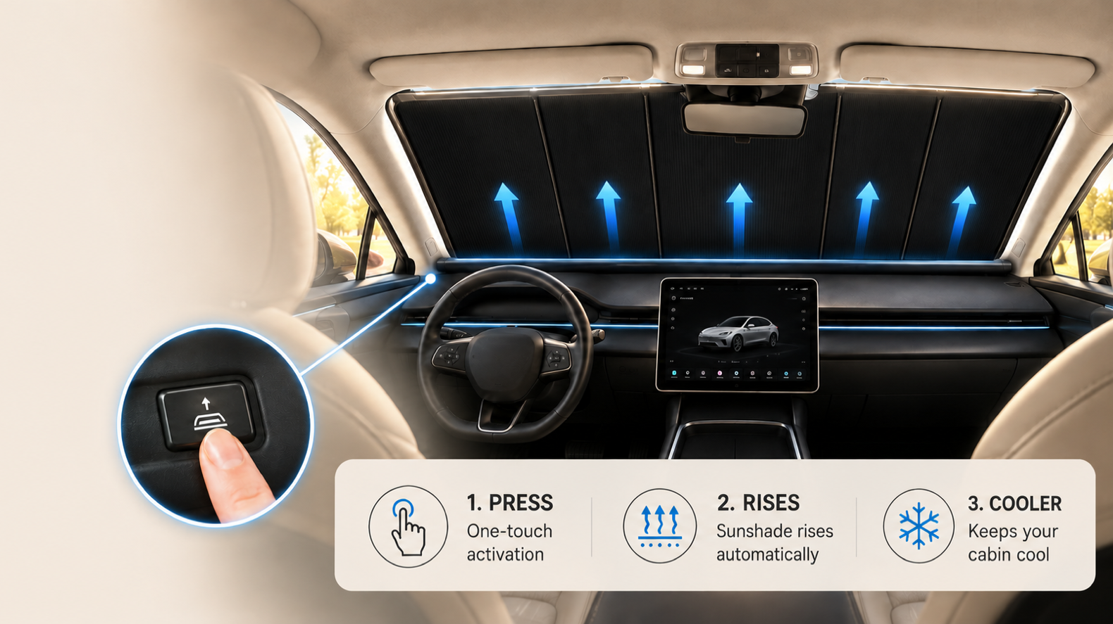 Kaldov automatic windshield sunshade rising with one-touch control inside a modern car