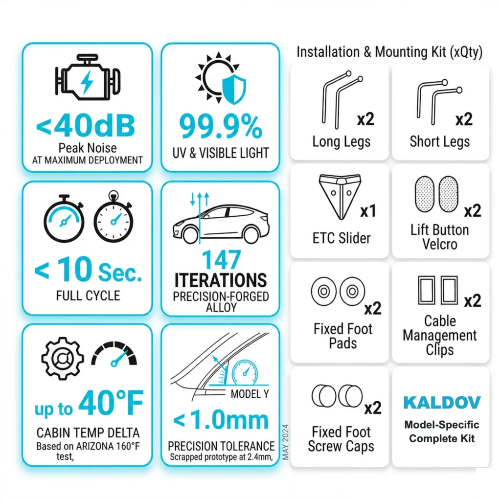 KALDOV electric sunshade specs and mounting kit KALDOV electric windshield sunshade specifications and complete mounting hardware kit