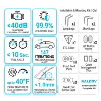 KALDOV electric windshield sunshade specifications and complete mounting hardware kit