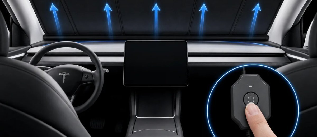 KALDOV electric windshield sunshade raised inside a Tesla Model Y with one-touch button